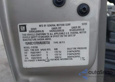 2005 Chevrolet Tahoe Z71 z USA, uszkodzony, nr VIN 1GNEC13T85R208730